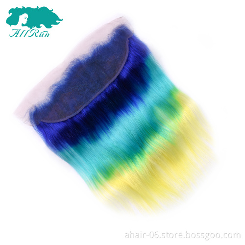 human hair color closure, Aliexpress hair closures ombre 3 tone yellow/blue/purple lace frontal